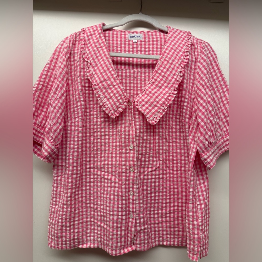 Boden Red and White Smocked Button Down Shirt with Peter Pan Collar US12/UK16